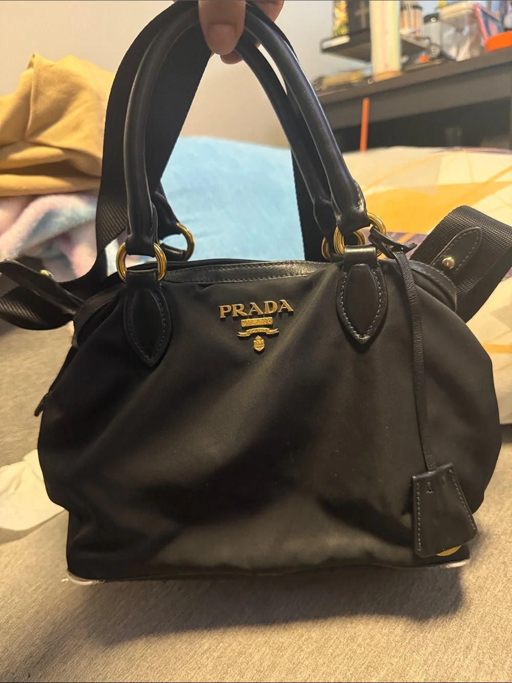 Prada Black Nylon Satchel with Gold Hardware and crossbody bag